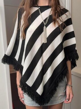 Black & White Striped Fringe Poncho Sweater